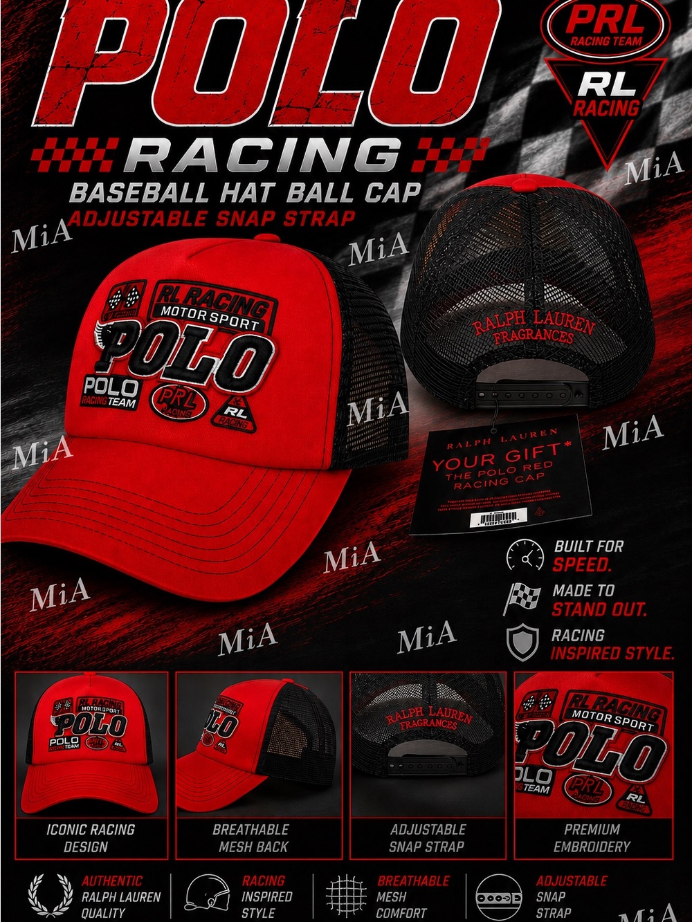 POLO Ralph Lauren Racing / Baseball Hat Ball Cap Adjustable Snap Strap (Red)
